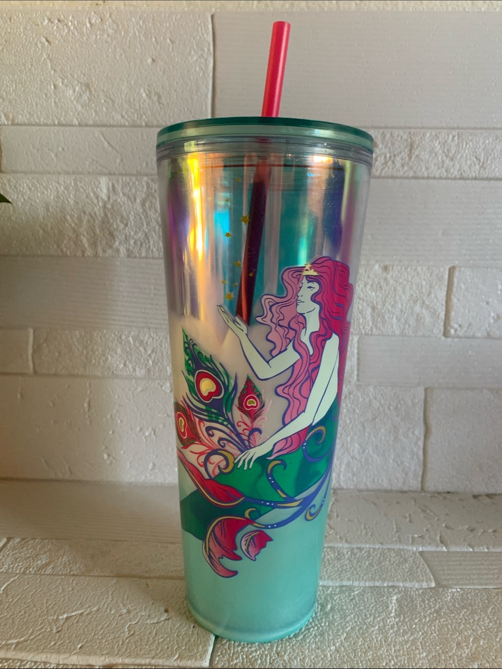 Starbucks Iridescent Teal Tumbler with Pink Straw and Multicolor Mermaid Art